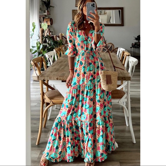 Multicolor Bohemian Print V Neck Ruffle Long Sleeve Maxi Dress - Picture 2 of 5